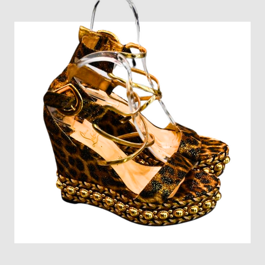 preowned Louboutin Lurex Leopard Chocazeppa 120 Wedge sandals