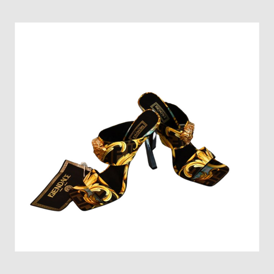 Fendance Fendi x Versace Gold Baroque Mule Sandals