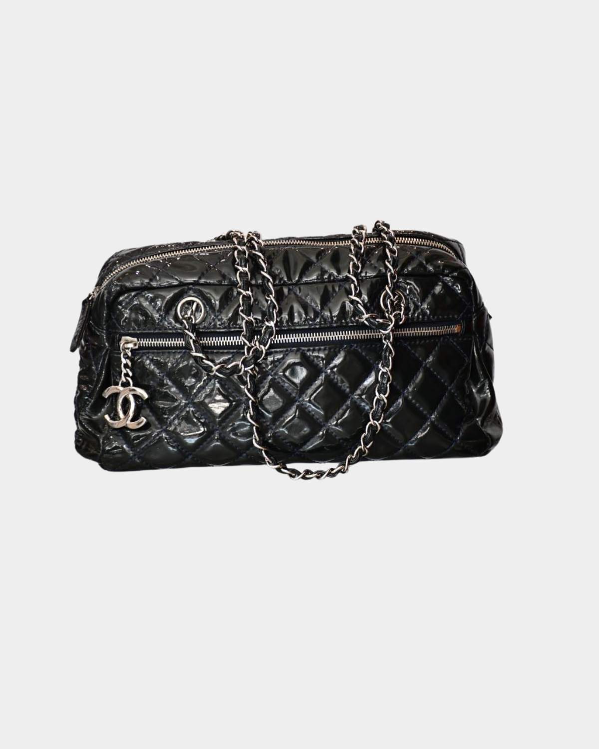 pre owned Chanel Mademoiselle Navy Blue Patent Leather Bag