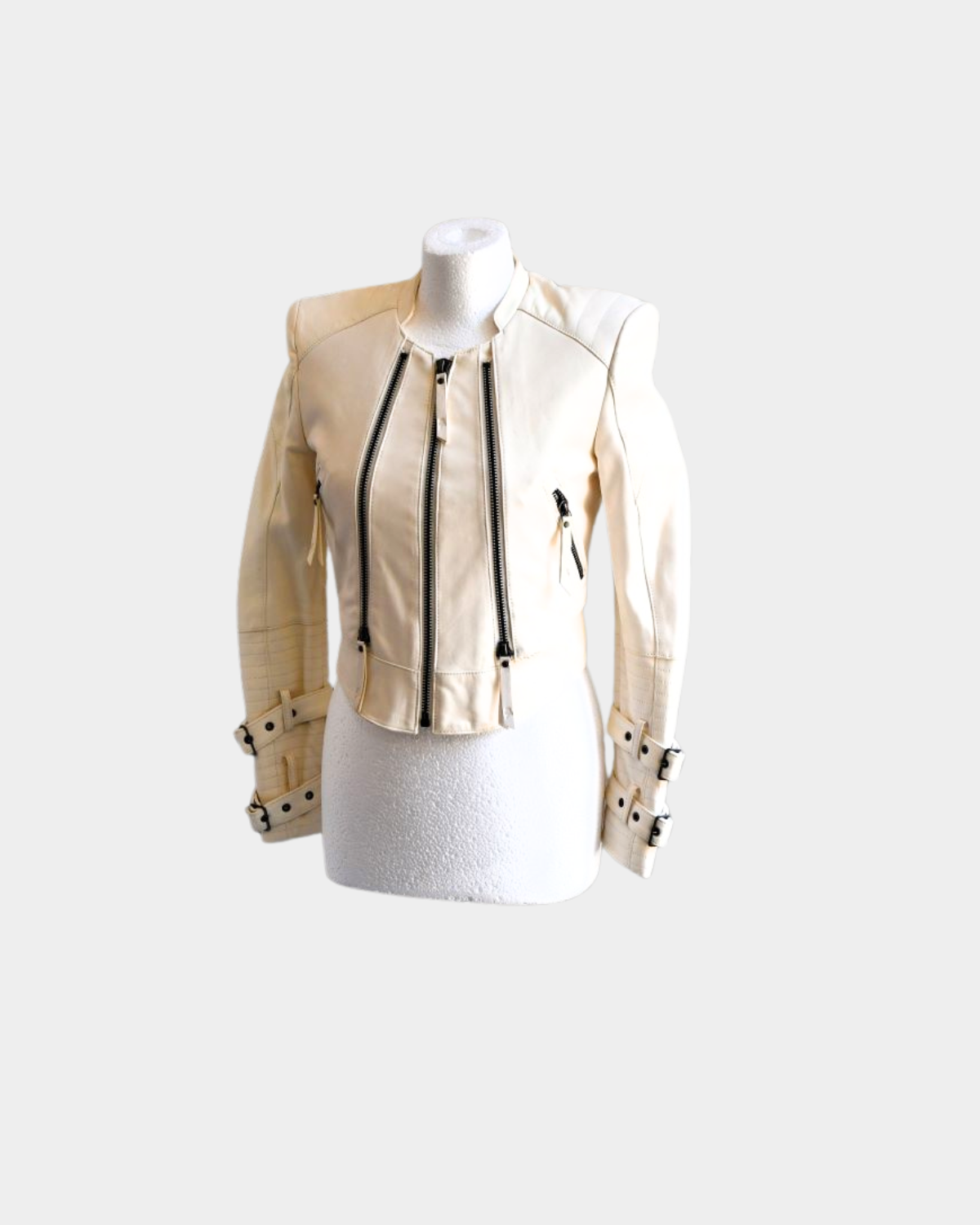 pre owned Karl Lagerfield Cream Lambskin Leather Zip Jacket