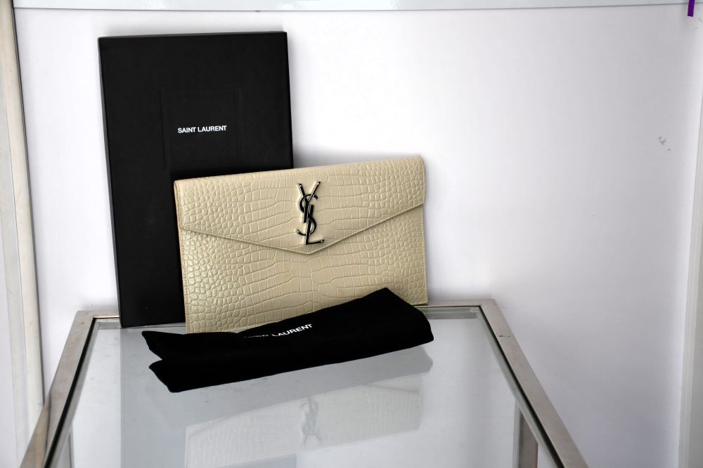 pre owned St Laurent Uptown Crocodile-Embossed White Leather Clutch pouch with box and dustbag