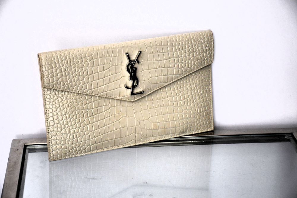 preloved St Laurent Uptown YSL Crocodile-Embossed White Leather Clutch