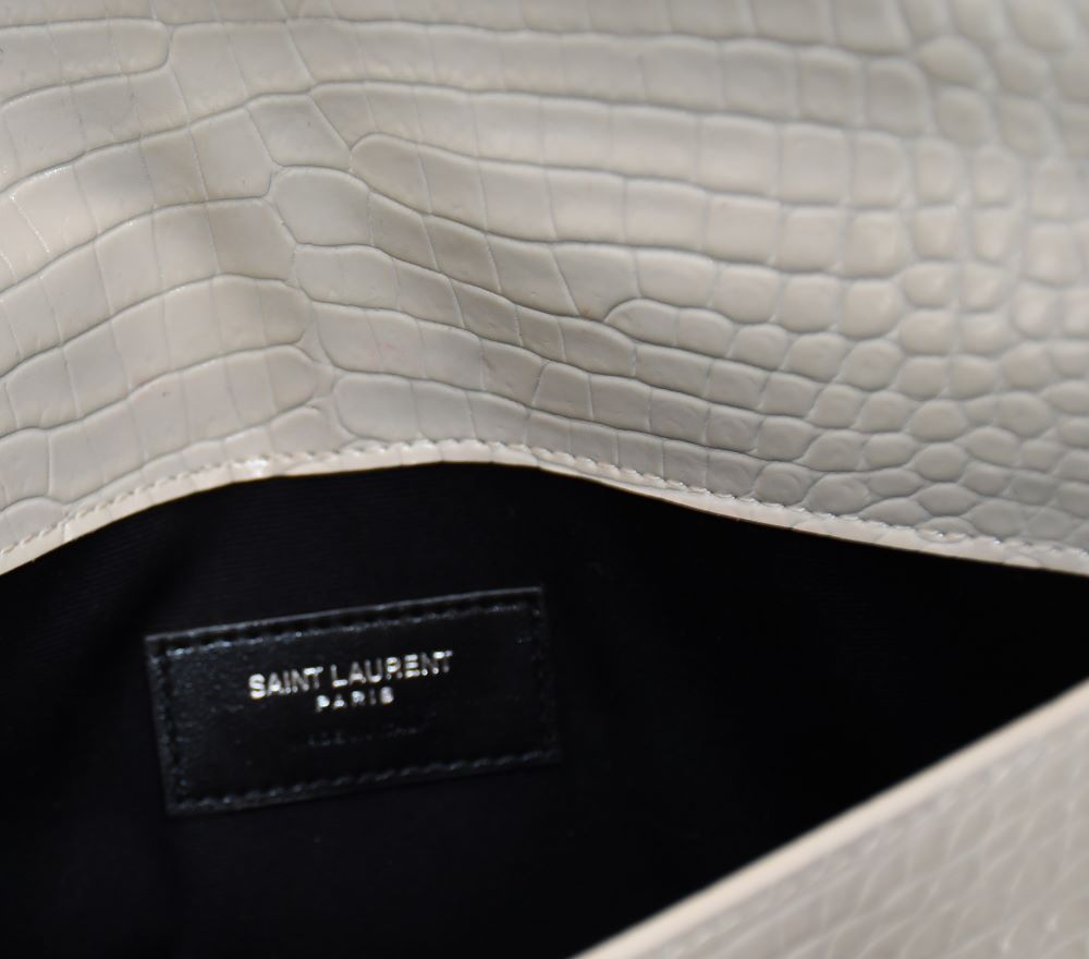St Laurent YSL Crocodile-Embossed White Leather Clutch