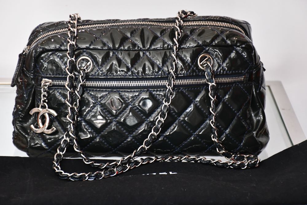 preowned Chanel Mademoiselle Navy Blue Patent Leather Bag with dustbag