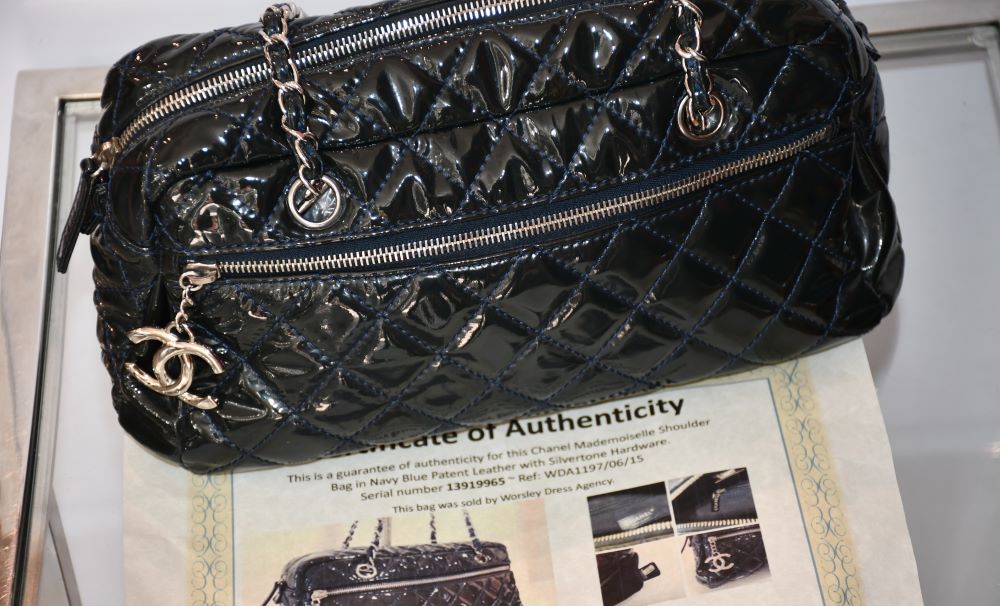 Preloved Chanel Mademoiselle Navy Blue Patent Leather Bag with certificate of authenticity