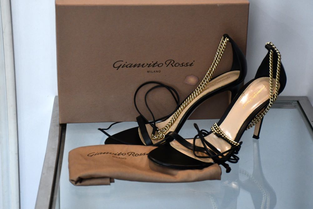 preloved Granvito Rossi Kira 85 Black Leather Ankletie Sandals with box and dustbag