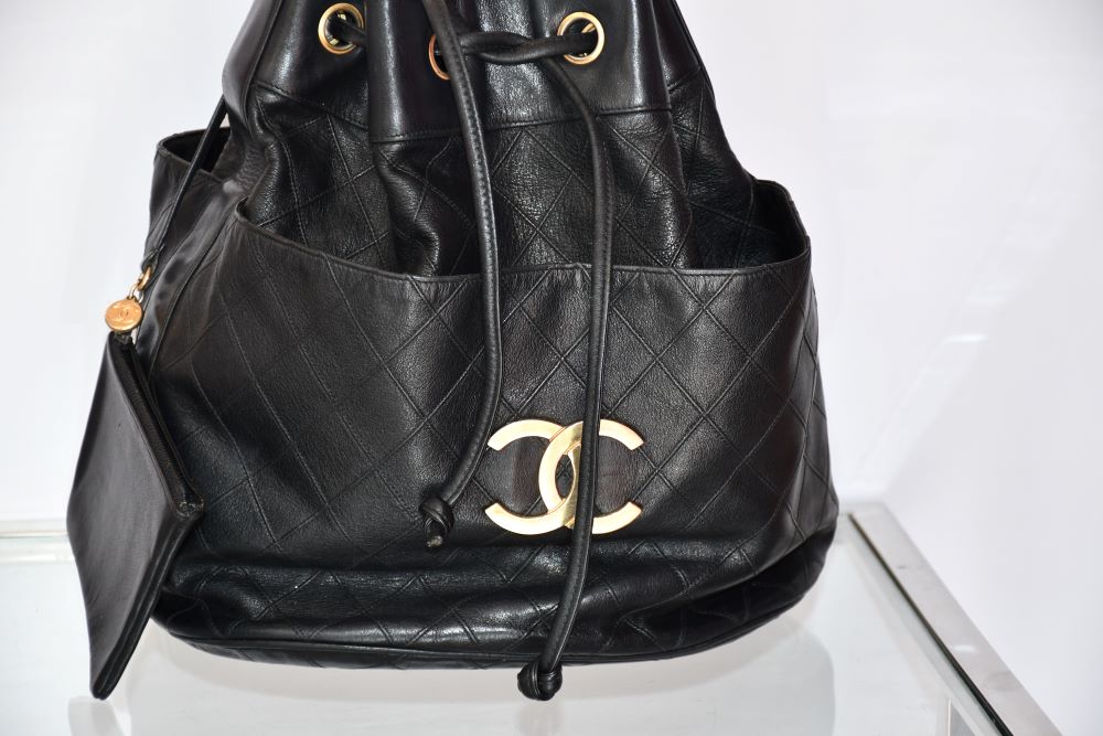 Chanel Gabrielle Black Leather Drawstring Bucket Bag