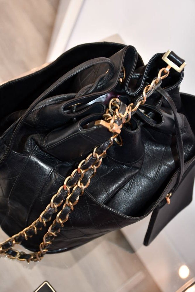 Chanel Gabrielle Black Leather Drawstring Bucket Bag