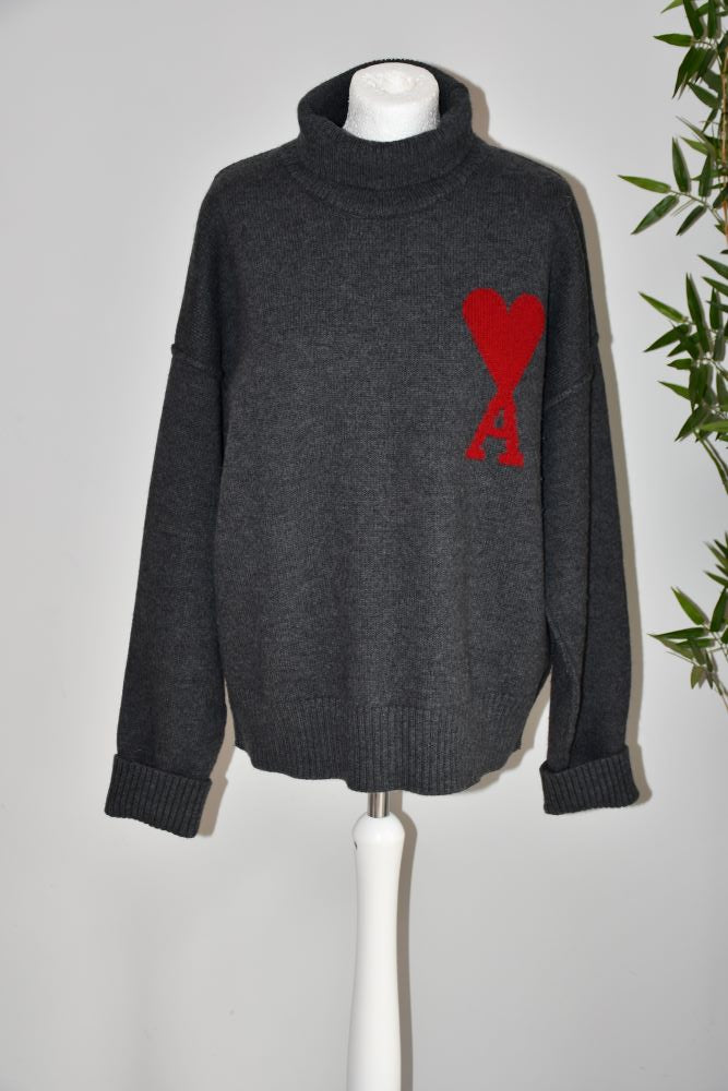 preloved AMI Paris Ami De Coeur heather Grey Wool roll neck Jumper