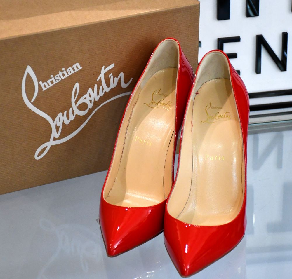 preowned Louboutin Pigalle Follies 100 Patent Pavot Shoes