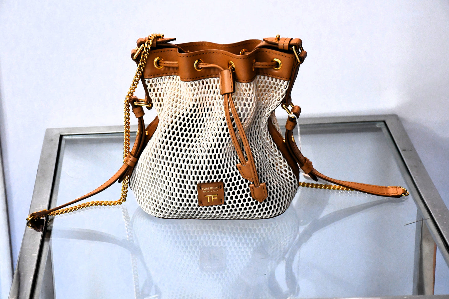 preowned unused not carried Tom Ford Disco Champagne Mesh Small Bucket Bag