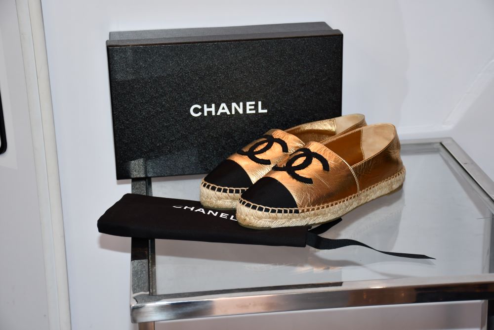 preowned Chanel CC Black Grosgrain and Gold Leather Espadrilles with box dustbag