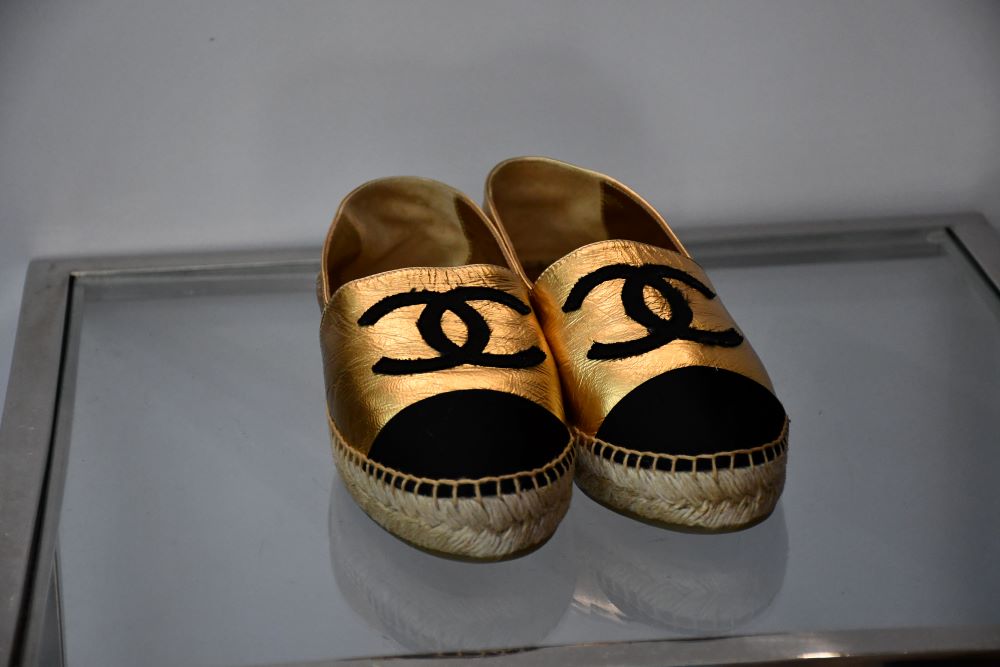 Chanel CC Black Grosgrain and Gold Leather Espadrilles UNWORN (5)