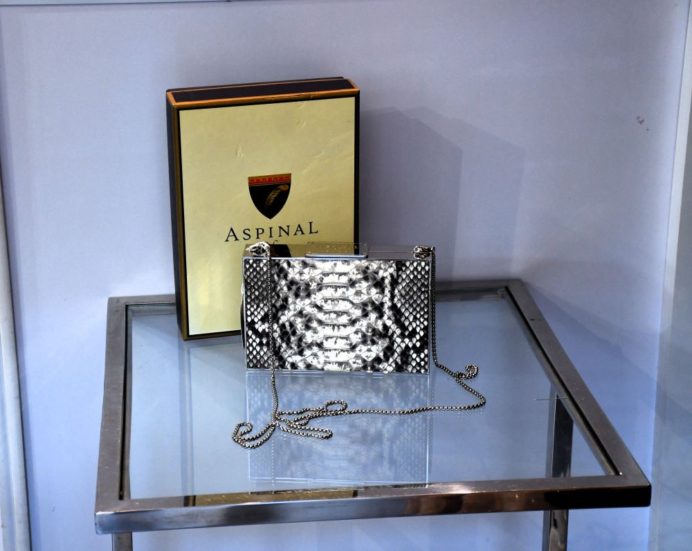 preloved Aspinal Python silver Snakeskin Skin Box Clutch with long chain strap