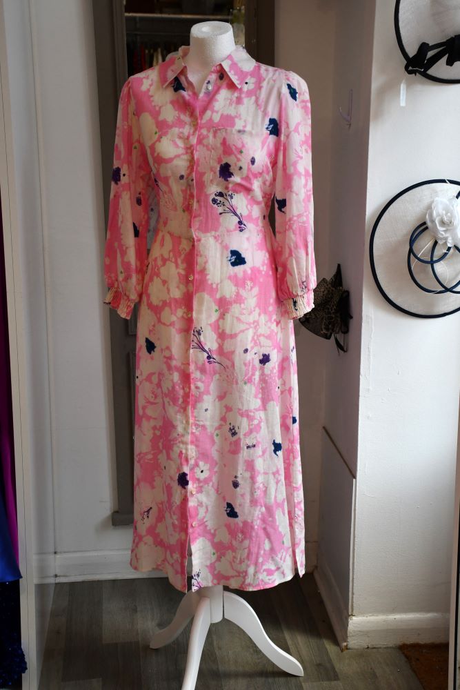preloved POM Pink Bow Lilies Midi linen mix Dress