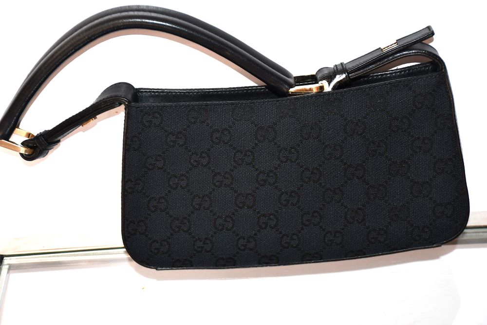 pre owned Gucci Black GG Canvas Leather Trim Shoulder clutch