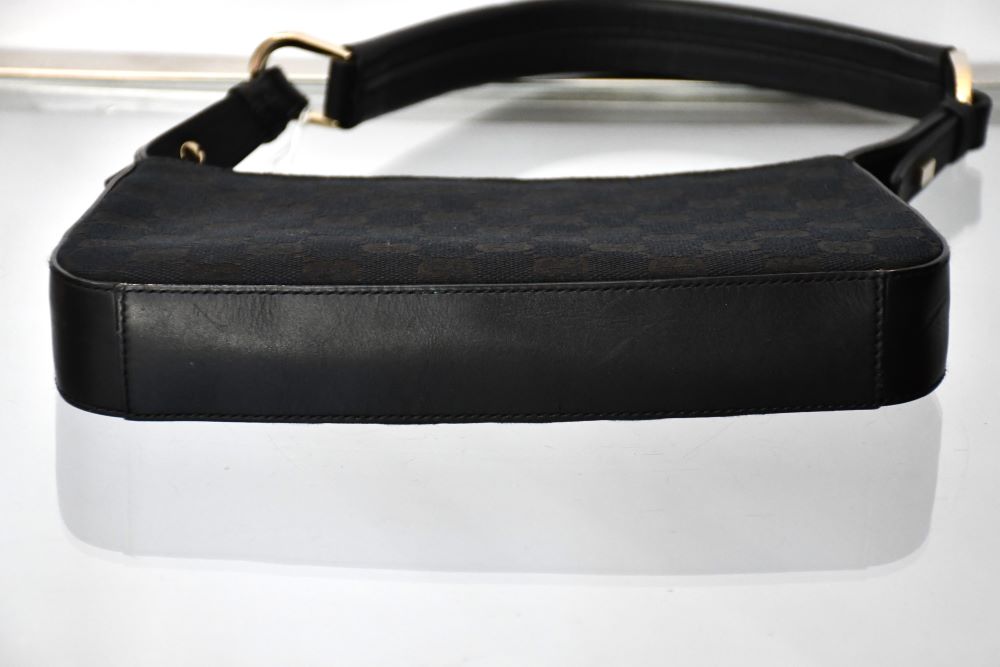 Gucci Black GG Monogram Canvas Leather Trim Shoulder Baguette