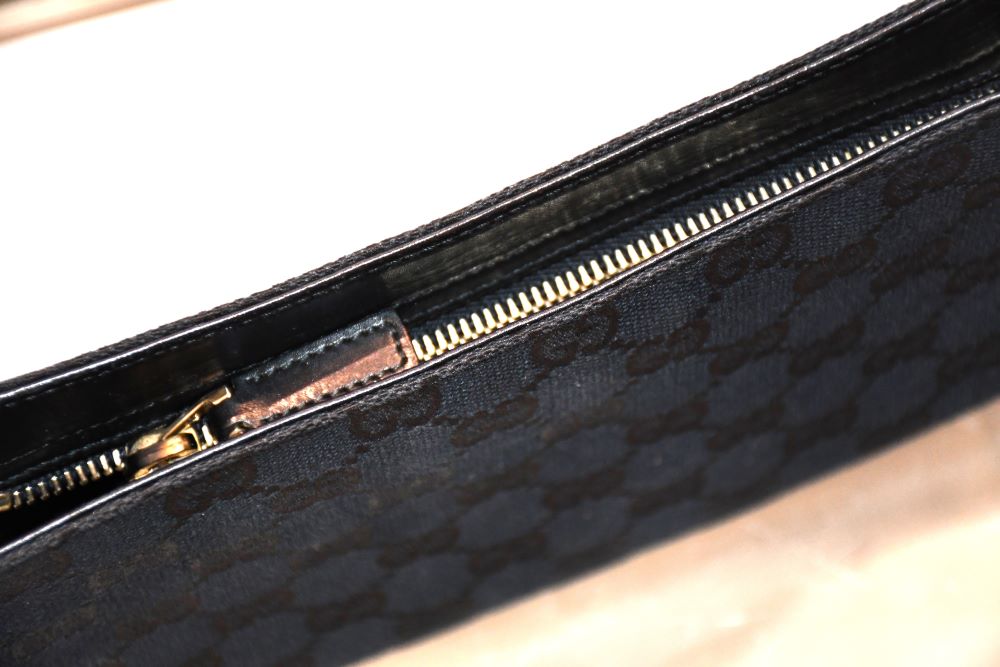 Gucci Black GG Monogram Canvas Leather Trim Shoulder Baguette