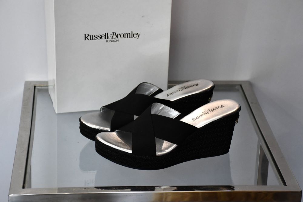 preowned Russell & Bromley Black Cross Strap Wedge sandals with box