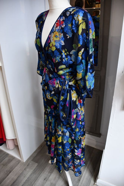 side view of Etro Silk Wrap blue floral Dress
