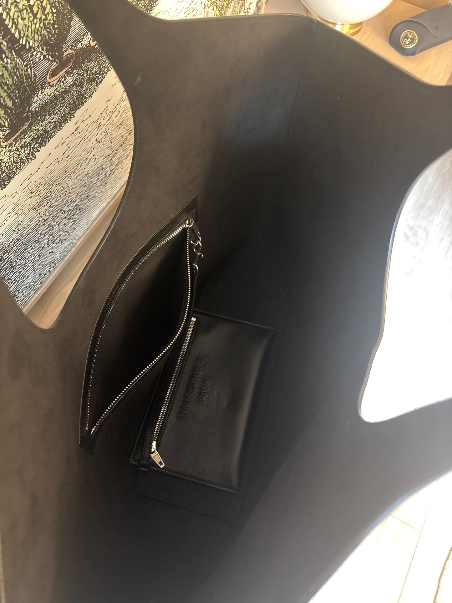 Interior of leather Balenciaga tote