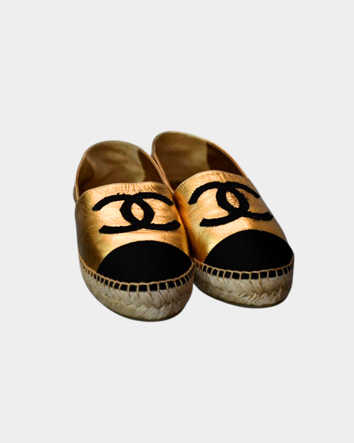 preloved Chanel CC Black Grosgrain and Gold Leather Espadrilles