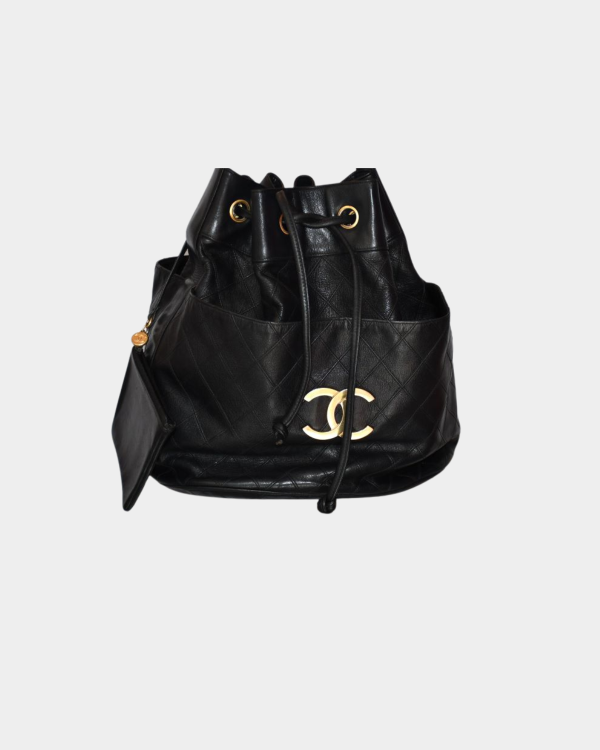 pre owned Chanel Gabrielle Black Leather Drawstring Bucket Bag
