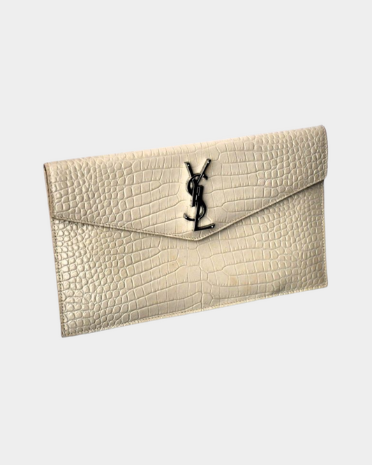 preowned St Laurent YSL Crocodile-Embossed White Leather Clutch