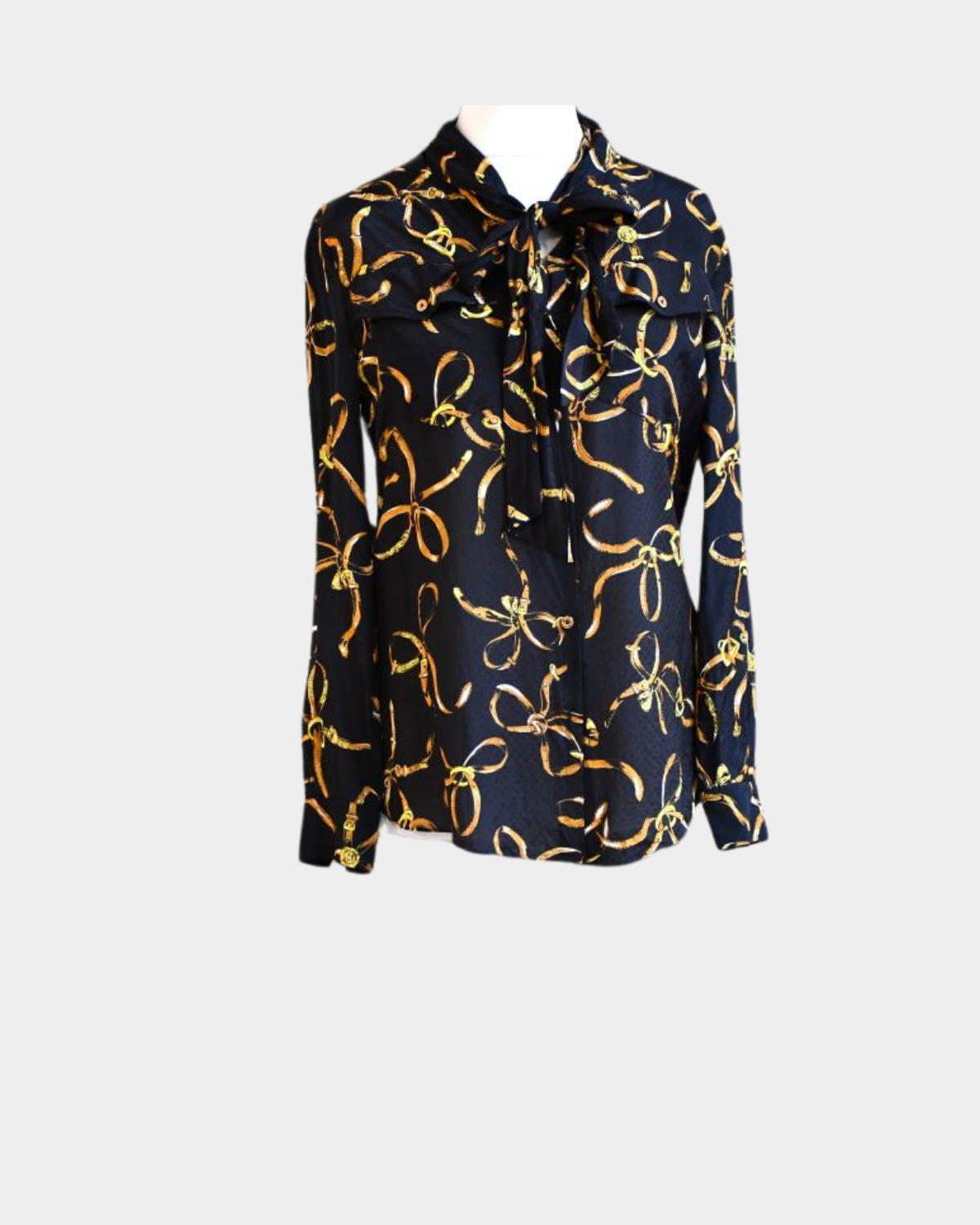 Boutique Moschino Black and Gold Silk Tie Neck Blouse (10)