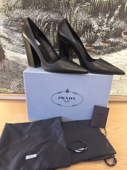 preowned Prada Calzature Donna Block nappa leather Heels with pointed toes on box with dustbags