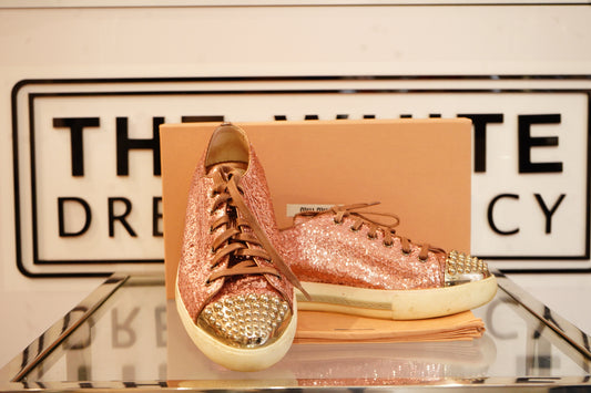 Preowned Miu Miu Pink Glitter Lux Calzature Donna Stud Sneakers