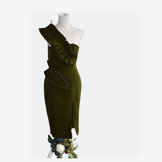 Andrea Iyamah Olive Green One Shoulder Ruffle Dress