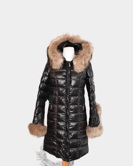 Holland Cooper Black Quilted Long Down Fur Hooded Coat (12)