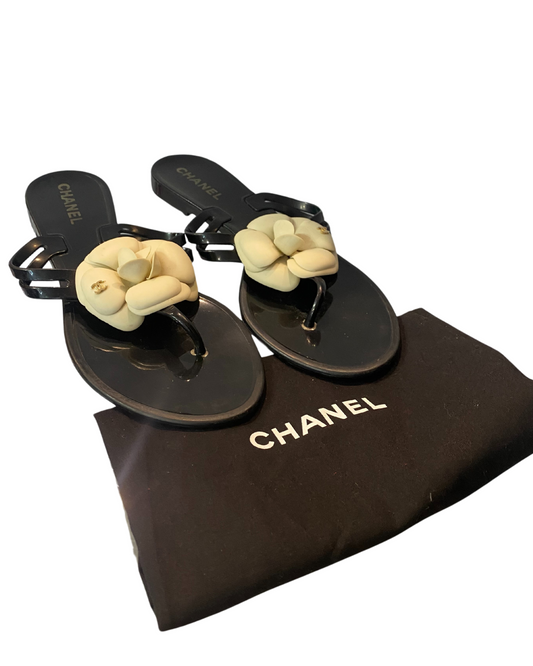 pre owned Chanel Camellia Black Rubber Sandals with dusttbag