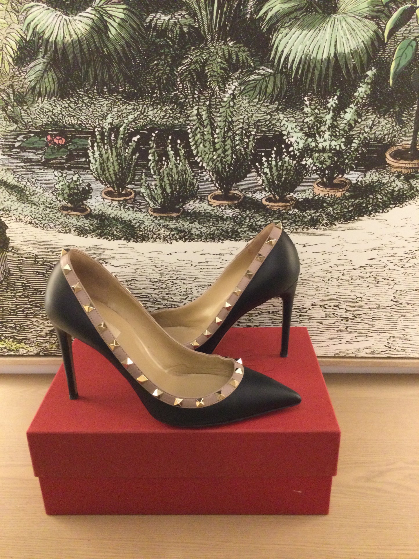 preowned Valentino Rockstud  clack leather heels on original red box