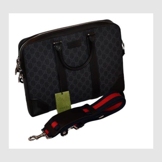 preowned Gucci GG Supreme Black Briefcase green red WEB strap