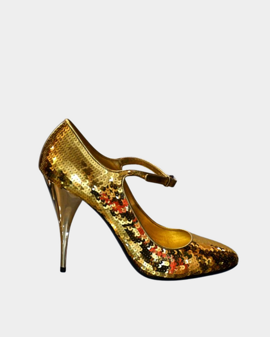 pre owned Miu Miu Gold Sequin Metallic High Heeled Shoes