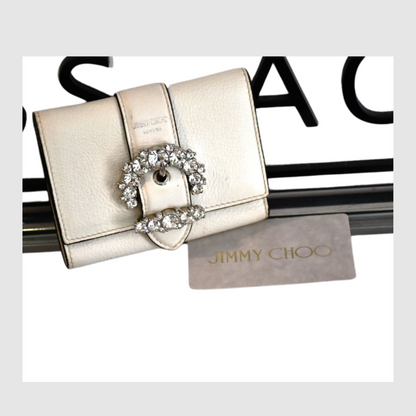 preowned Jimmy Choo White Leather Fold Diamante Purse