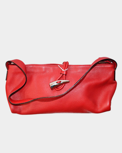 pre loved Burberry Red Leather and Nova Check Horn Toggle Bag