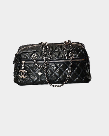 pre owned Chanel Mademoiselle Navy Blue Patent Leather Bag 