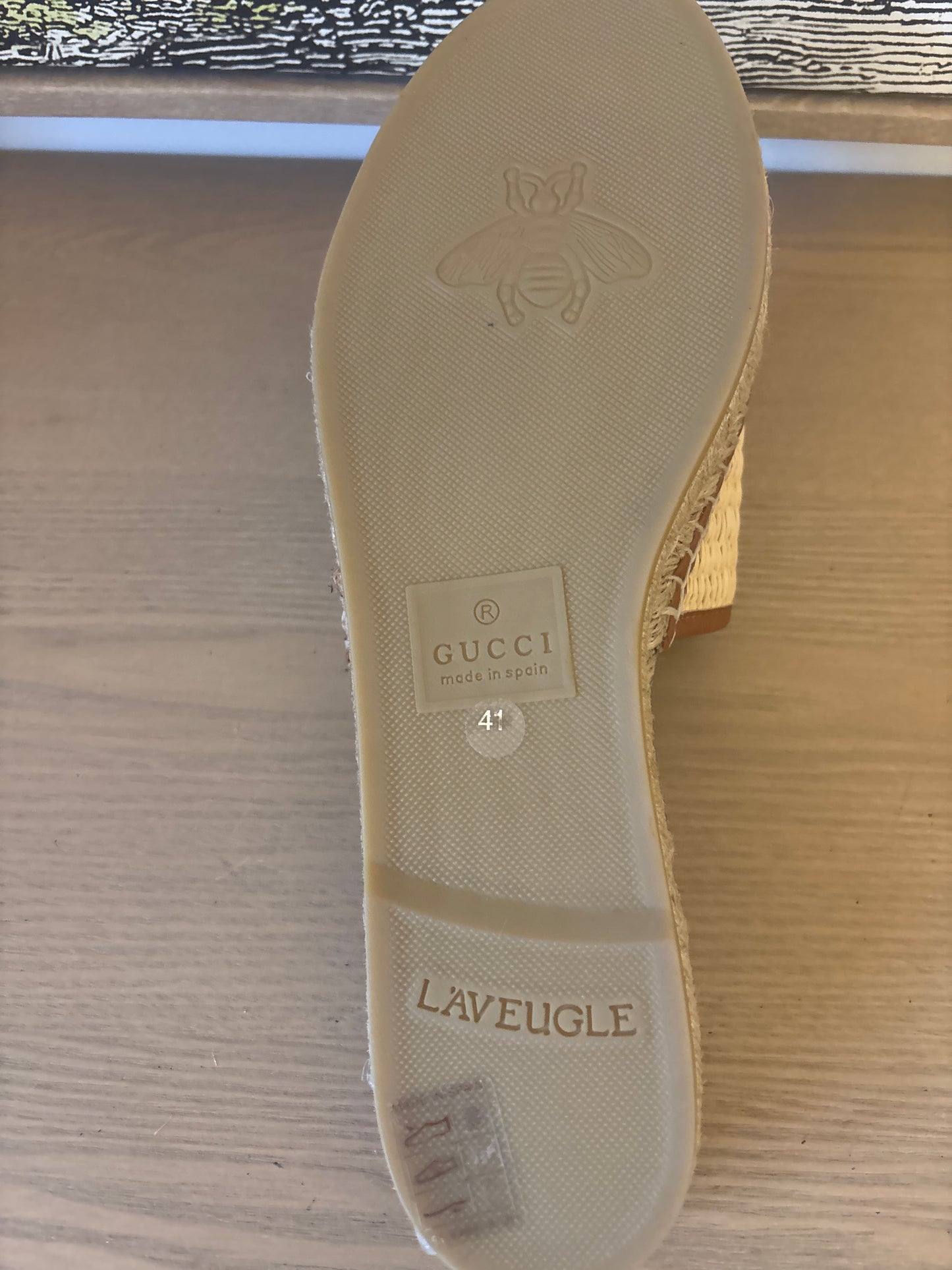 Gucci Interlocking GG Raffia Espadrille Slide Sandals.
