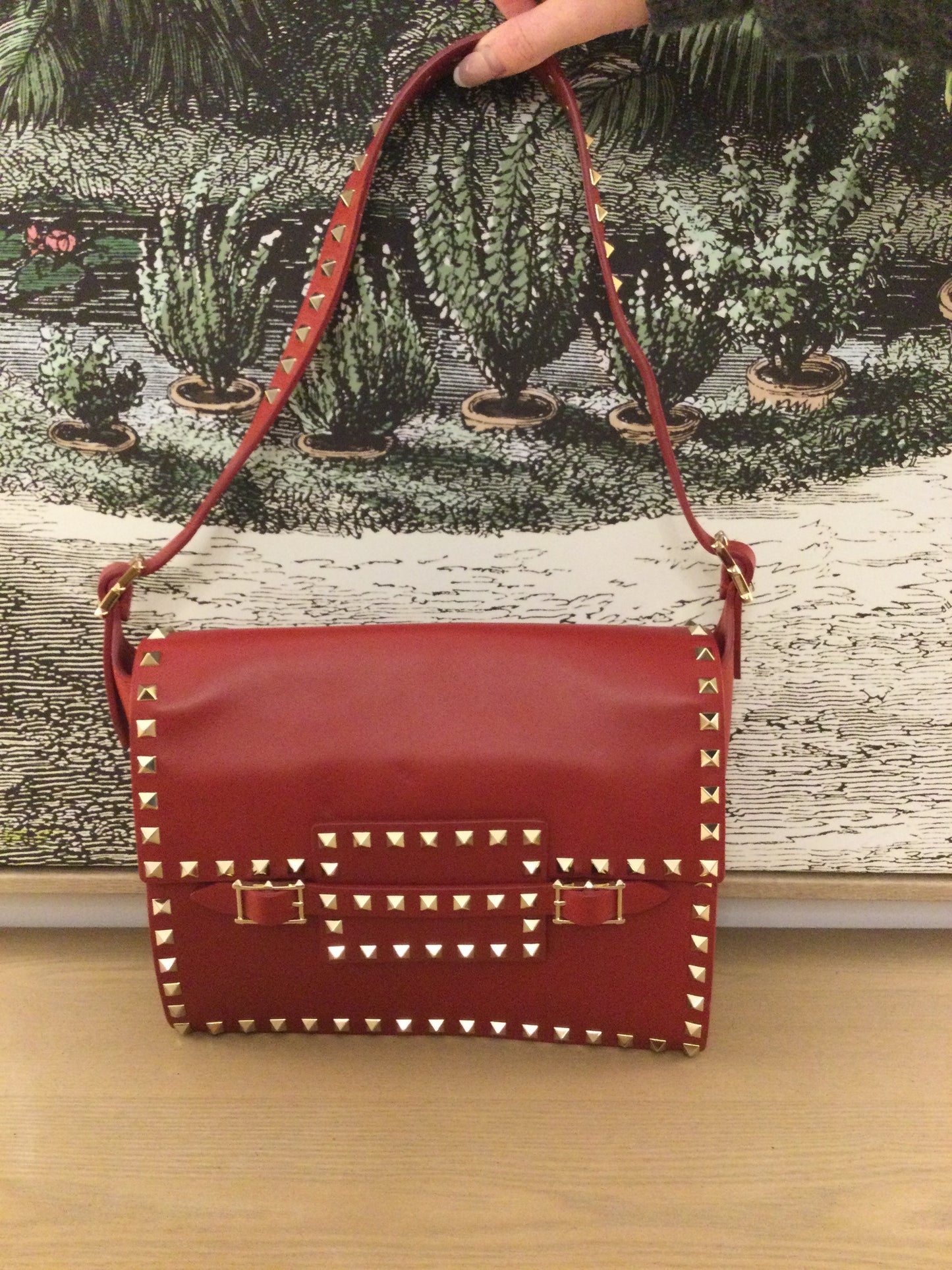 preloved Valentino Red Leather Rockstud Buckled Bag with shoulder strap