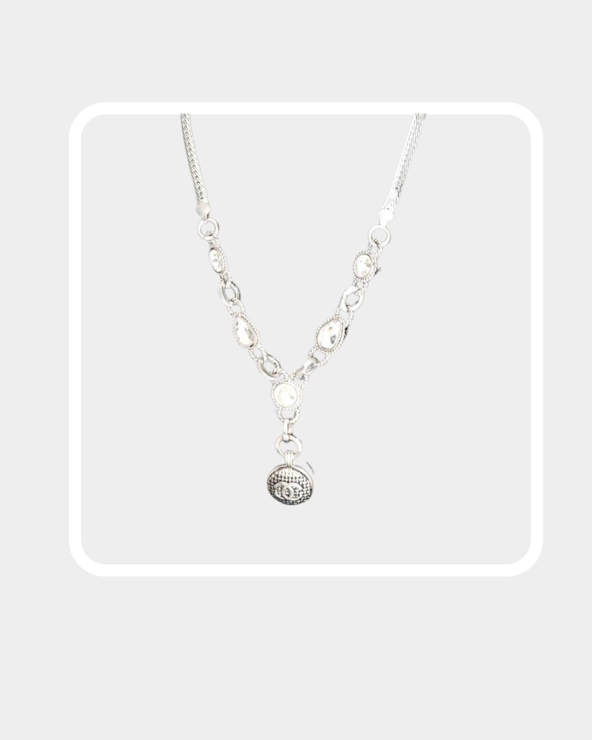 Reworked preloved Chanel Silver Diamante Button Pendant Chain Necklace
