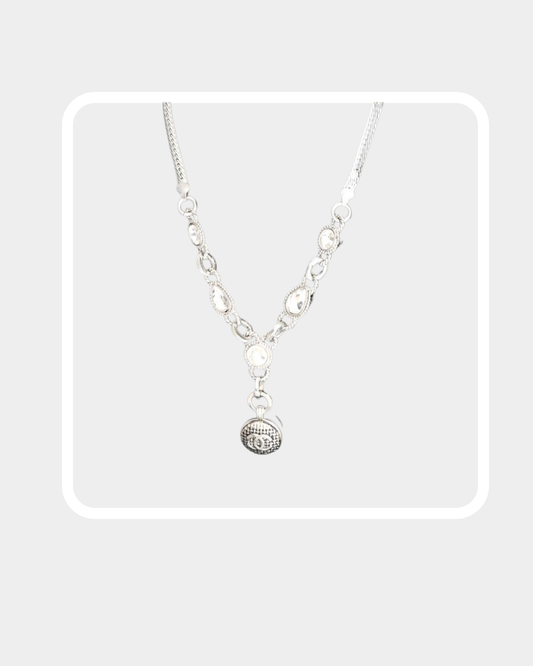 Reworked preloved Chanel Silver Diamante Button Pendant Chain Necklace