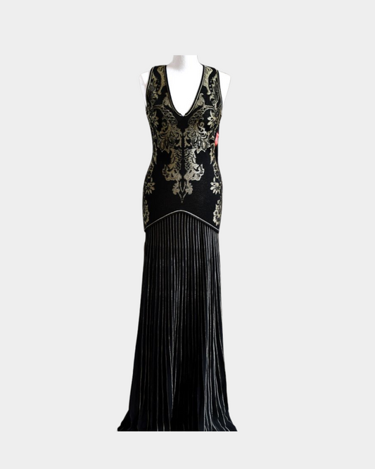 preowned Roberto Cavalli Gold Threaded Black Long Dress 