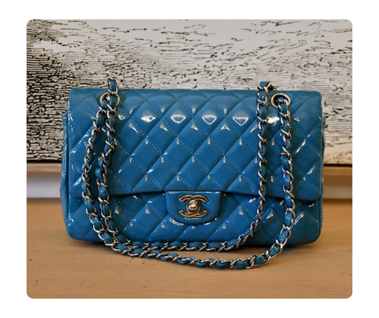 pre owned Chanel Medium Classic Double Flap Patent Blue Bag