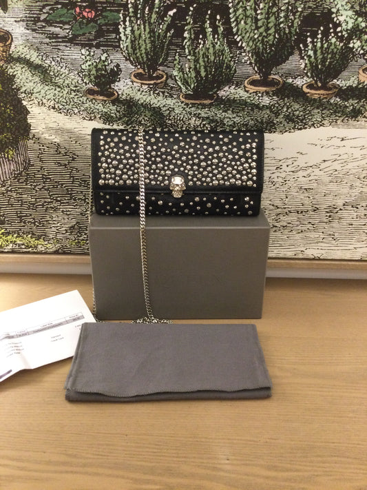 pre owned Alexander McQueen Wallet With Detachable Chain and silver tone studding on box
