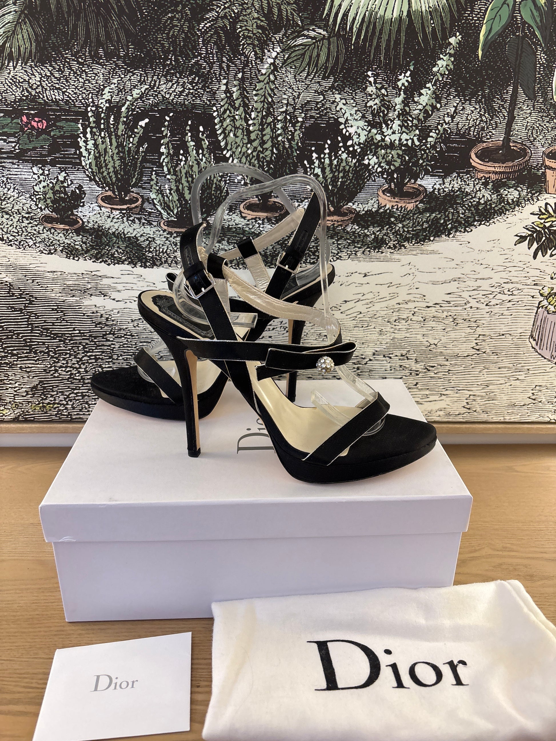 Pre owned Christian Dior Serenade Satin Sandal with swarovski diamante detail 0n box