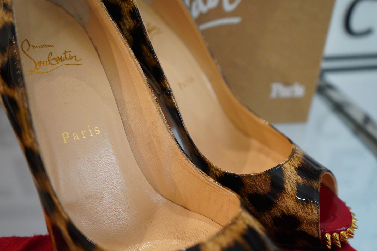 Preowned Louboutin Leopard Print 120 Patent Heels (6)