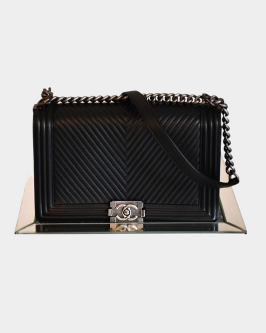 pre owned Chanel Chevron Lambs Leather On Chain Boy Bag